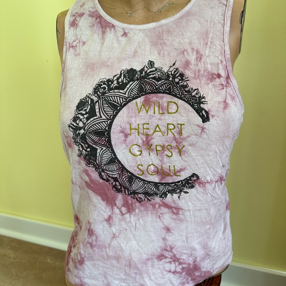 Boho Festival Earthy Tie-Dye Pink Flowy Moon & Wild Heart Gypsy Soul Tank ~ S